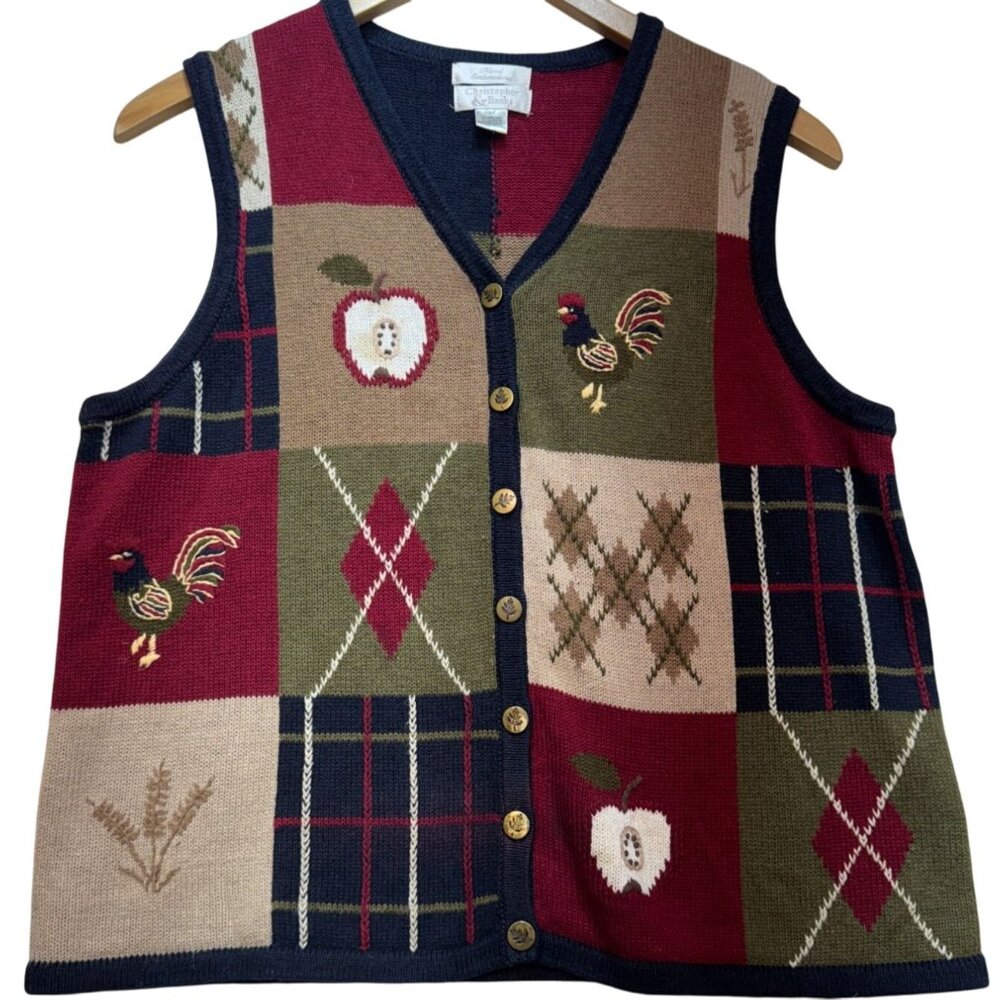 Christopher & Banks Women's Argyle Farm Cardigan Vest Sweater Knit Size M Multi